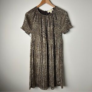 Michael Kors Designer Sample Chocolate & Metallic Pleated Leopard Print Dress S